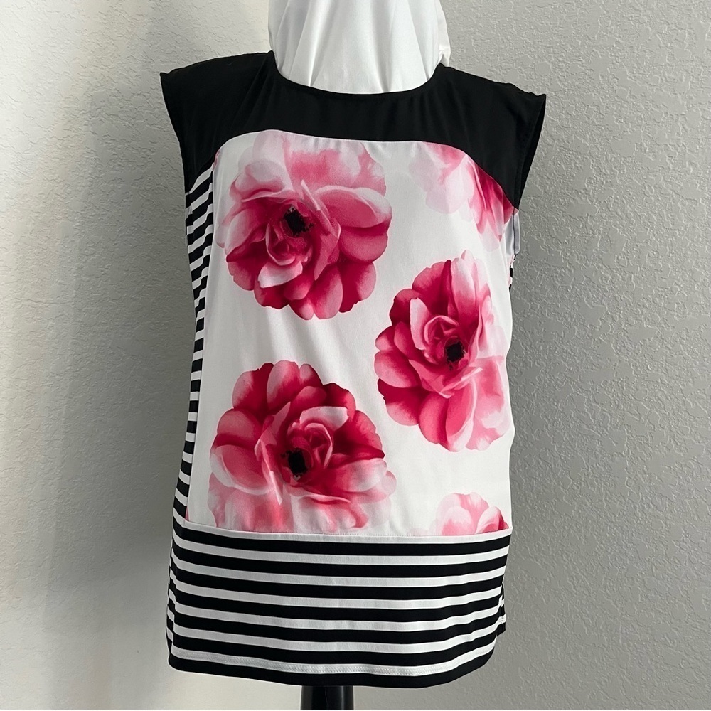 Calvin Klein Black White Pink Floral Blouse